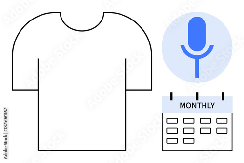 Content scheduling, podcast planning, branding, apparel design, audio production, event organization. A t-shirt icon beside a microphone and monthly calendar. Content scheduling and podcast planning
