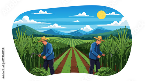 Vector illustration of farmers working in a lush green field with mountains in the background under a sunny sky