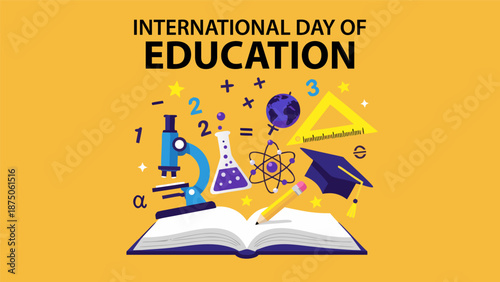 Vector illustration of educational symbols and objects representing the International Day of Education on a vibrant yellow background