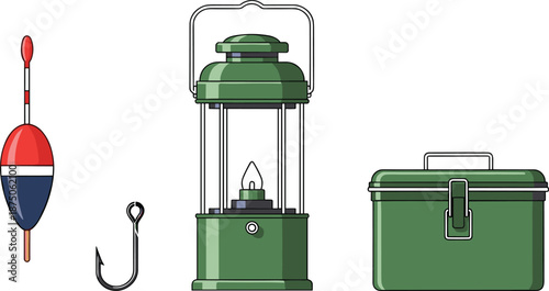 Fishing equipment set with bobber, hook, vintage lantern and tackle box, outdoor angling gear, camping adventure elements, hobby lifestyle, white background.