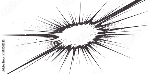 Black and explosive burst with scattered particles and sharp radiating lines explosion