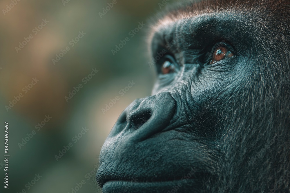 Obraz premium A captivating close-up portrait showcases the profound gaze of a powerful great ape. Its intelligent, amber-hued eyes and richly textured facial features are sharply defined against a softly blurred n