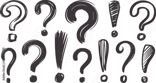 Collection of hand drawn dark grey question marks and exclamation points