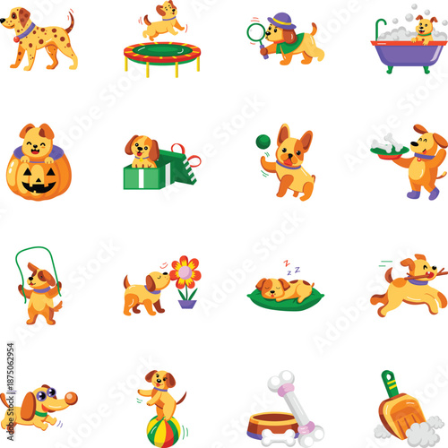 Set of Dogs and Mascot Flat Style Icons 
