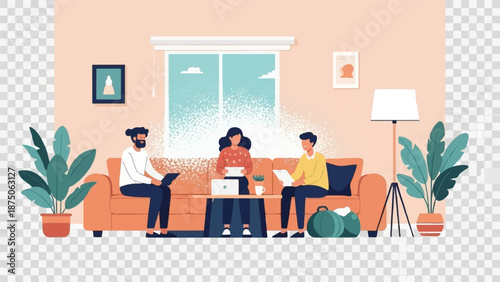 Illustration of three diverse colleagues collaborating casually on a sofa in a modern living room