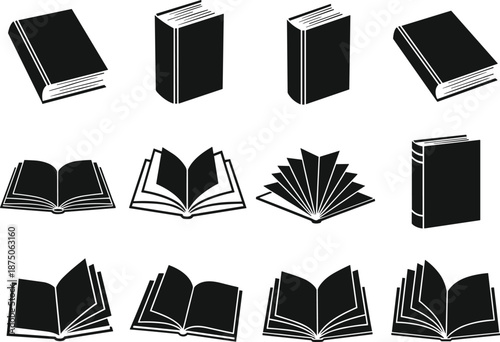 Set of black book icons including open and closed textbooks in various positions isolated on white background for library education design