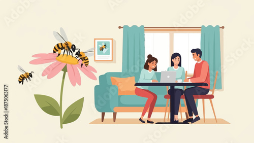 Illustration of three people at a table with a laptop, contrasted with large bees on a pink flower