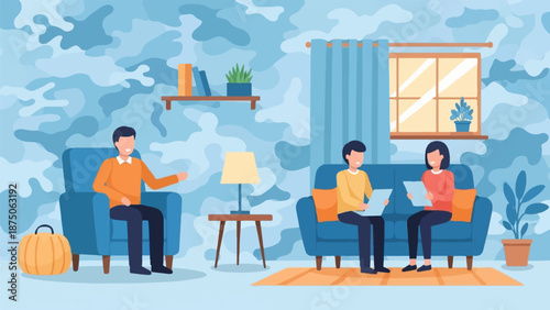 Illustration of three people having a discussion in a modern living room with blue patterned walls