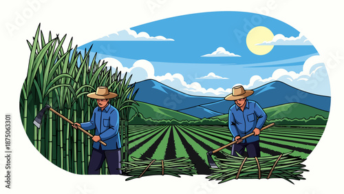 Vector illustration of farmers working in a lush green field with plants and mountains in the background