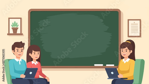 Illustration of three young people with laptops sitting in front of a blank classroom chalkboard