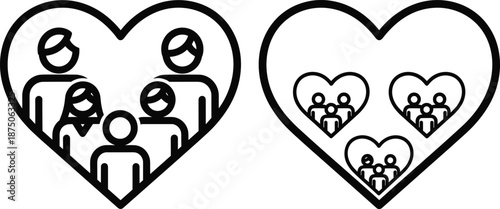 Heart shape containing family icons representing love, community, togetherness, unity, care, support, generational bonds, social protection, kindness, relationship and domestic harmony.