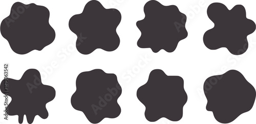 Eight dark gray amoeba shaped blobs