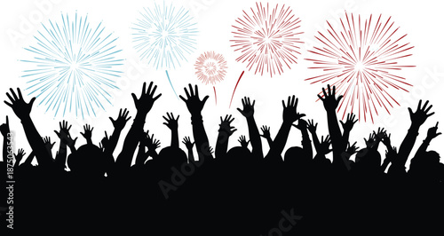 Silhouette crowd celebrating with fireworks, festive night scene, raised hands, public event, colorful sky, black illustration, white background