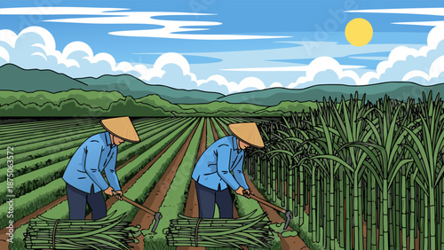 Vector illustration of farmers harvesting crops in a lush green agricultural field under a sunny sky with a serene landscape
