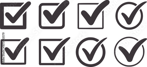 Eight dark gray check marks in squares and circles tick symbol sign