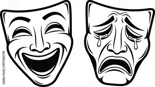 Theater masks silhouette, comedy and tragedy, dramatic emotion, black illustration, classic drama symbols, performance art, white background, expressive design