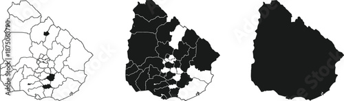 Uruguay map set with shaded departments, black silhouette, geographic illustration, regional data visualization, white background, political boundaries