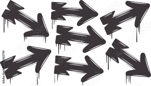 Seven dark gray graffiti arrows with dripping paint effect