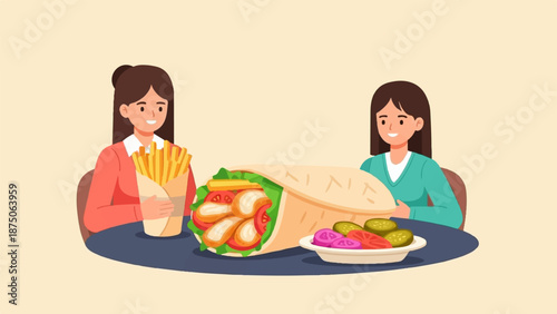 Illustration of two happy women enjoying a large wrap sandwich, french fries, and pickles at a table