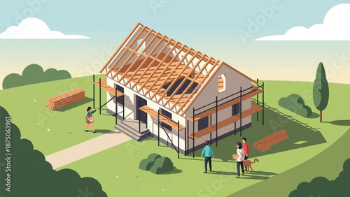 Isometric illustration of a family with pets observing their new home under construction in a field