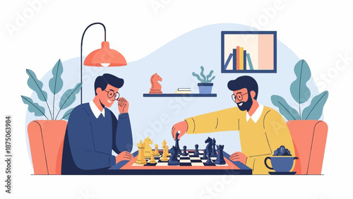 Illustration of two men sitting in armchairs, enjoying a strategic game of chess in a cozy room