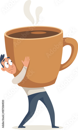 Caffeine Heavy Lift Funny Flat Vector Illustration of a Man Carrying a Giant Steaming Coffee Mug