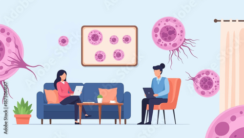 Illustration of two people working remotely on laptops, surrounded by large floating virus particles