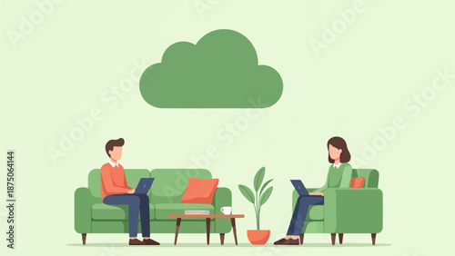 Illustration of two people working remotely on laptops with a large cloud icon overhead