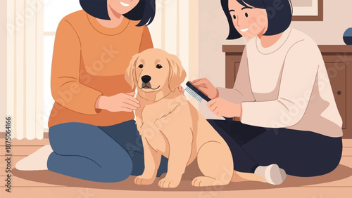 Illustration of two smiling women on the floor, affectionately grooming a golden retriever puppy