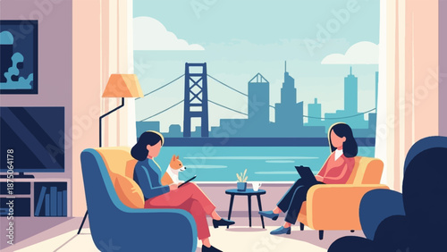 Illustration of two women and a dog in a modern apartment with a view of a city and bridge