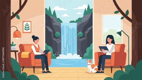 Illustration of two women and a dog relaxing in a room with a scenic waterfall view