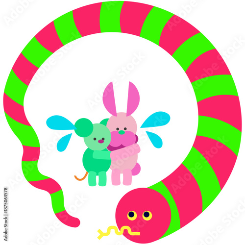 毒ヘビに囲まれたかわいい動物キャラクターのファンタジー風イラスト