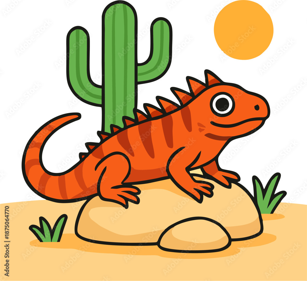 Fototapeta premium Cute Cartoon Iguana Lizard Standing by Cactus in Sunny Desert