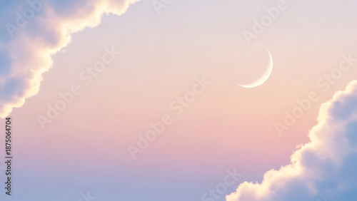 A serene crescent moon hangs in a pastel sky, framed by soft, fluffy clouds, evoking a sense of peace and wonder