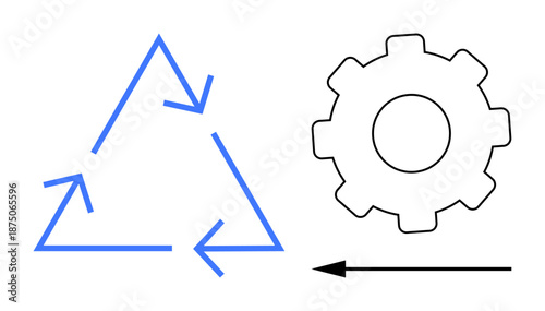 Recycling concept. Simplistic arrows forming a recycling triangle paired with a gear and directional arrow. Recycling s sustainability, workflow optimization and system efficiency. For environmental