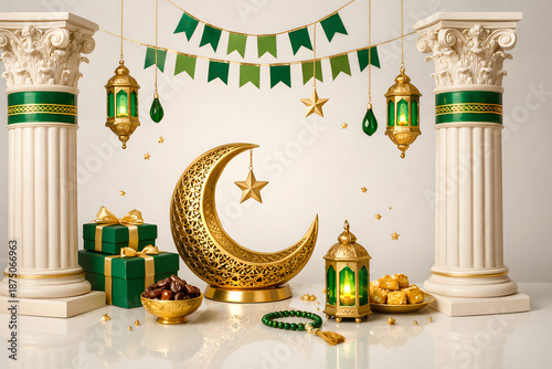 Elegant ivory columns and emerald accents shaping refined Idul Fitri background scene