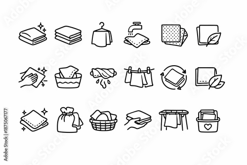 Laundry icons: washing, drying, folding, eco-friendly, line art set