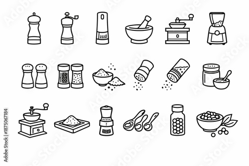 Collection of spice and pepper grinding tools in black and white line art