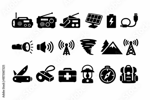 Emergency preparedness: radios, flashlight, compass, solar panel, backpack icons