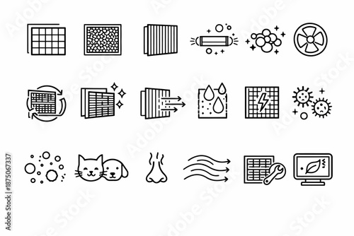 Air purification icon set: filters, pets, bacteria, and allergies