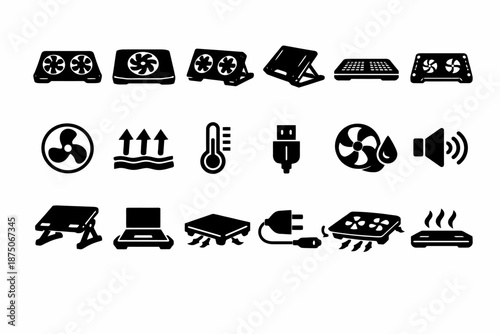 Laptop cooling fans and accessories icons set for optimal heat management