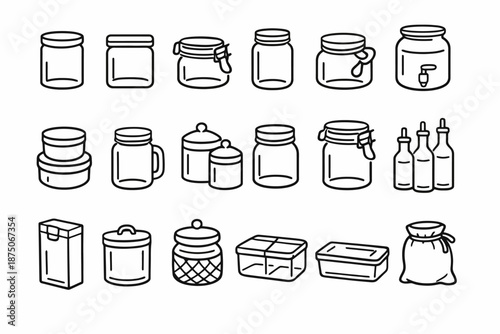 Collection of various jars and containers outline drawing