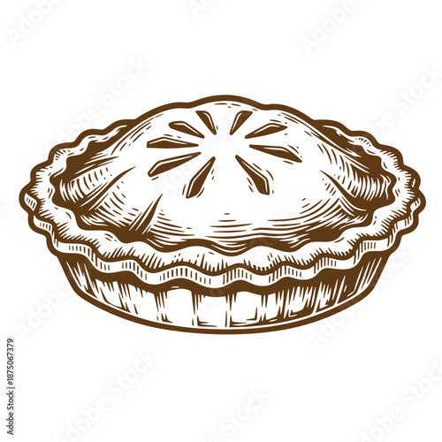 Drawing Vintage A brown line drawing of a whole pie with a crimped crust and decorative top crust on a white background