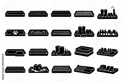 Set of black boot tray icons with decorative and functional designs