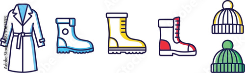 Collection of colorful iconographic illustrations representing essential cold weather outerwear including a belted trench coat various boots and winter hats