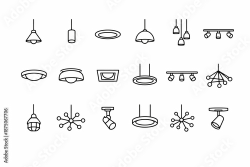 Minimalist line art of various lighting fixtures in geometric designs
