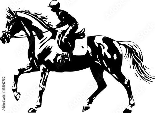 Monochrome Vector Illustration of Jockey Riding Galloping Horse
