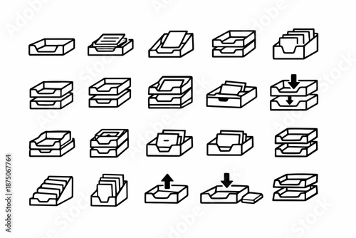 Set of 20 minimalist document tray icons for organization and filing