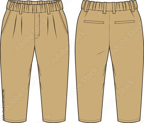 Men tailored chinos pants front back view, elastic waistband casual trousers, flat vector fashion illustration for apparel manufacturing design