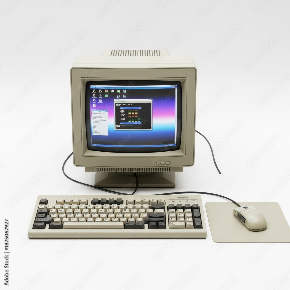 Fototapeta premium Vintage computer setup displaying desktop interface